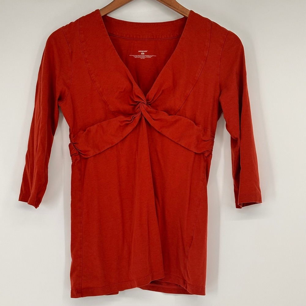 Patagonia Twist Front Top Womens M 3/4 Sleeve Organic Cotton Tencel Rust Red